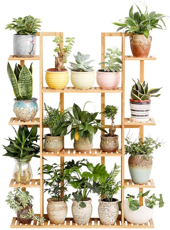 Photo 1 of Bamboo 9 Tier 17 Potted Plant Stand Rack Multiple Flower Pot Holder Shelf Indoor Outdoor Planter Display Shelving Unit for Patio Garden Corner Balcony Living Room