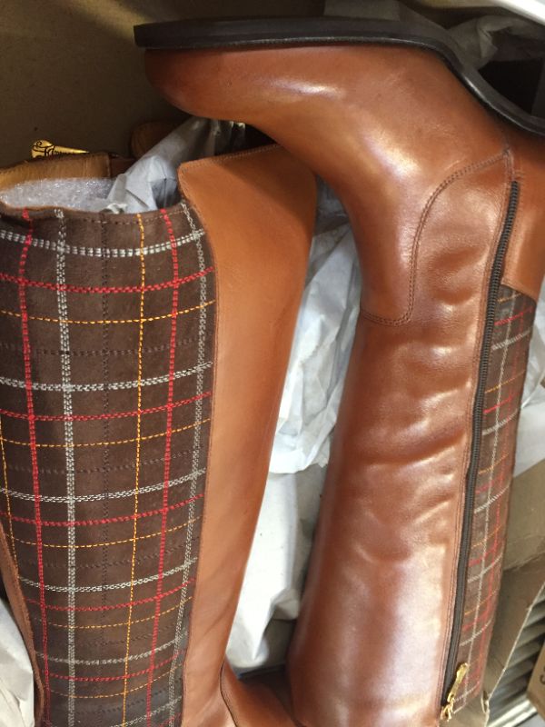 Photo 4 of Marc Joseph New York Women's Leather Luxury High Top Riding Boot with Plaid Detail Knee 6.5