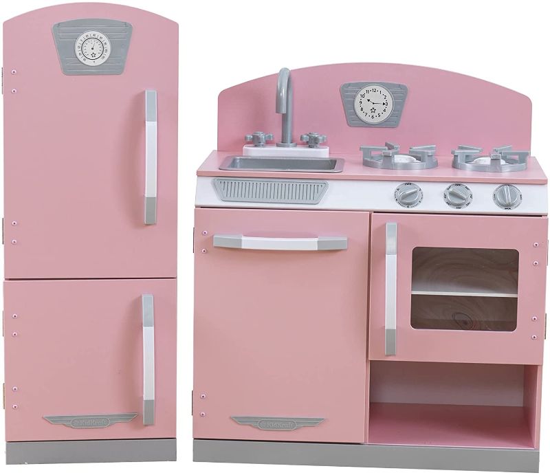 Photo 1 of KidKraft Retro Wooden Play Kitchen and Refrigerator 2-Piece Set with Faucet, Sink, Burners and Working Knobs, Pink, Gift for Ages 3+
