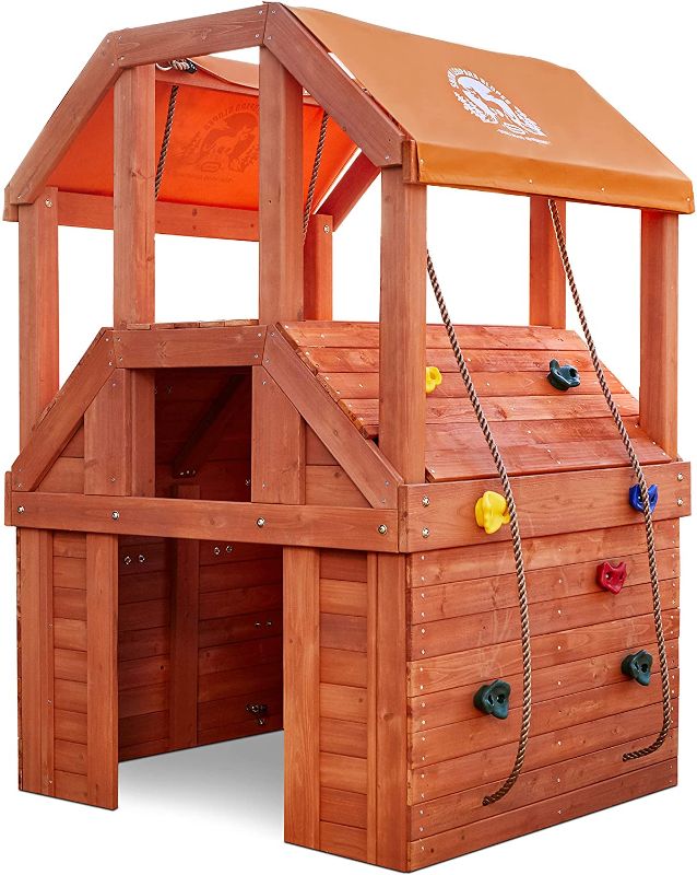 Photo 1 of ( BOX 1 OF 2 )  Little Tikes Real Wood Adventures Outdoor Wooden Climb House for Backyard Fun with 4' High Rock Climbing Wall & Climber Ropes, Play House and Deck, Up to 5 Kids, for Boys and Girls Ages 3 - 10 Years ( BOX 1 OF 2 ) 
