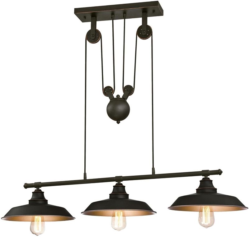Photo 1 of Westinghouse 6332500 Iron Hill Three-Light Indoor Island Pulley Pendant, Finish with Highlights and Metallic Interior, 3, Oil Rubbed Bronze/Bronze
