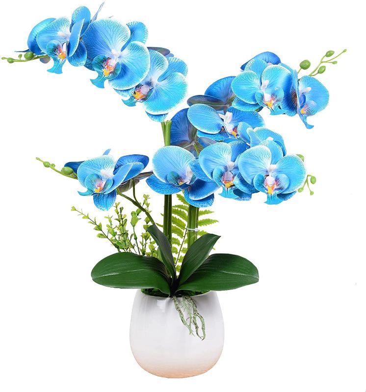 Photo 1 of Artificial Orchid Flowers Bonsai with Vase Fake Silk Butterfly Orchid Desk Flowers in Pot Vivid Arrangement Phalaenopsis Flowers for Table Room Home Office House Wedding Party Decoration (Royal Blue)
