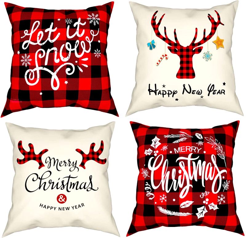 Photo 1 of Christmas Pillow Covers 18×18 Inch Set of 4 Buffalo Plaid Christmas Decorations Cotton Linen Holiday Throw Pillow Covers Winter Deer Cushion Cover Home Decor Black and Red
