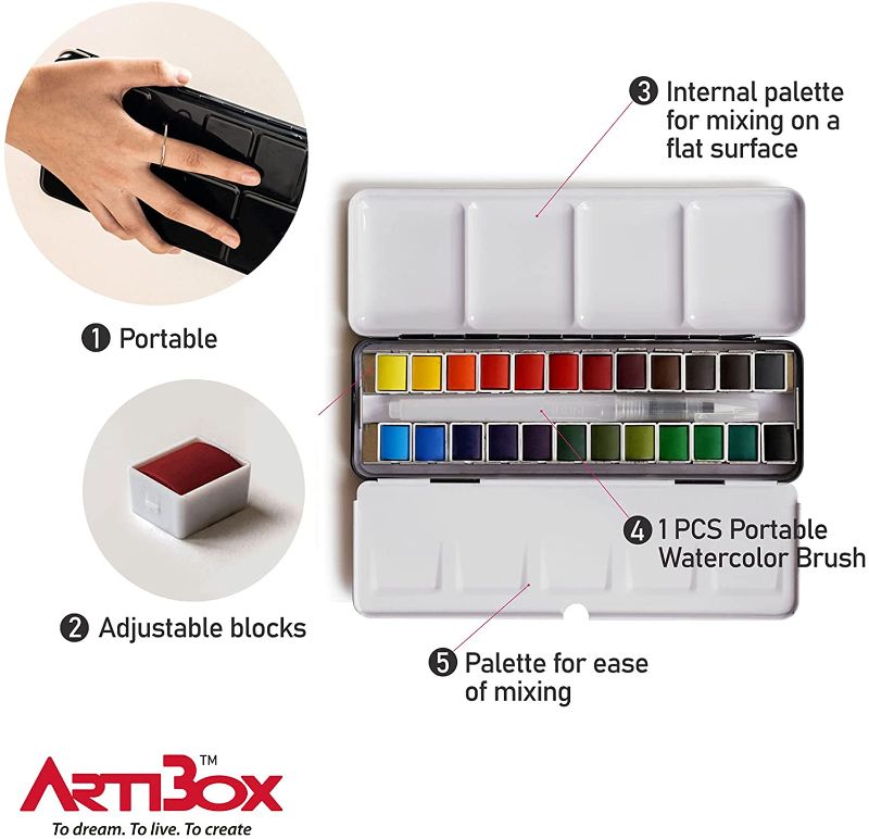 Photo 1 of 24 Watercolor Paint Set by Artibox - Water Squeeze Brush - 12 Watercolor Sheets - Half Pans Colors - Art Supplies
