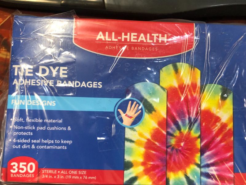 Photo 2 of All Health Tie Dye Adhesive Bandages.75 in x 3 in, 350 ct | Fun Colorful Designs for Minor Cuts & Scrapes, First Aid, and Wound Care
