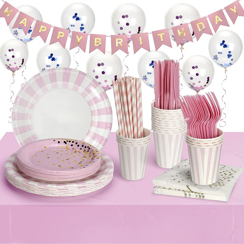 Photo 1 of YLOKO Pink and White Party Supplies, Party Decorations Set for Girls or Women, Happy Birthday Banner, Cups, Napkins, Plastic Knives Spoons Forks, Tablecloth, Balloon for 24 Guest