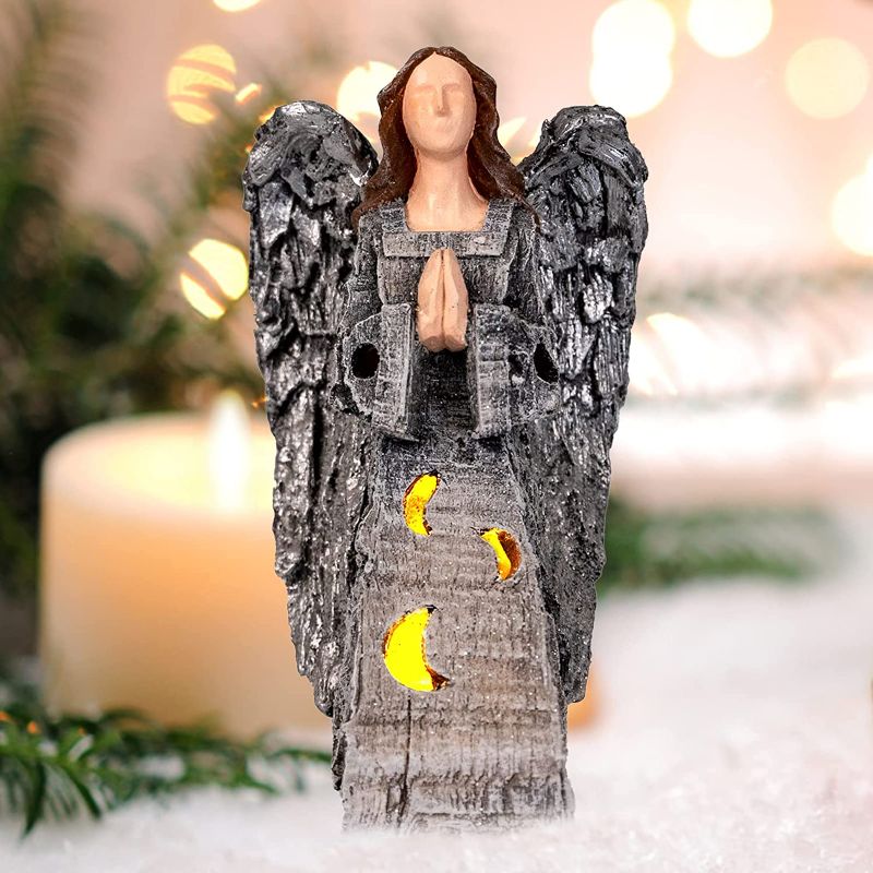 Photo 1 of Angel Figurines Praying Hands Angel Staues with LED Lights,Sculpted Ceramics Collectible for Family, Friendship Remembrance Present Gift