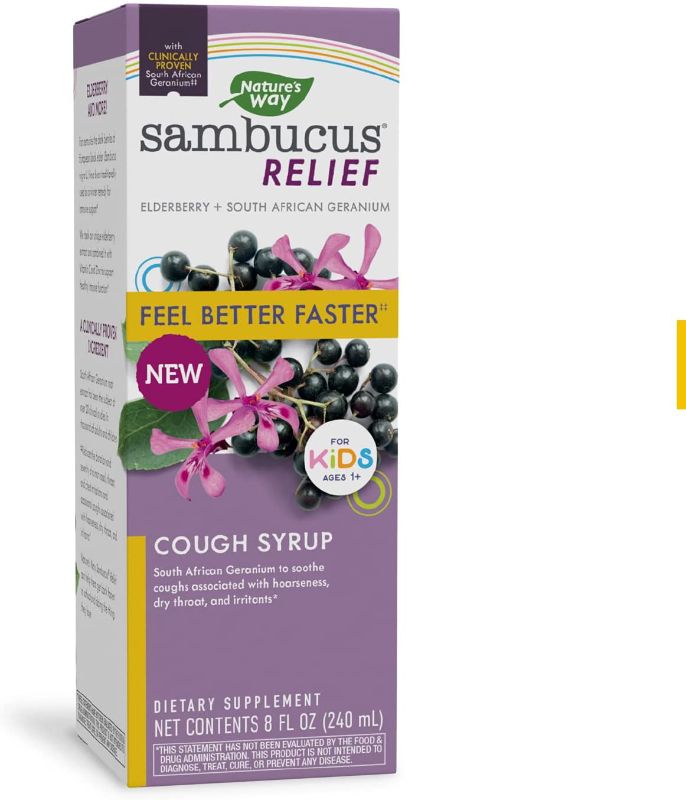 Photo 1 of Nature’s Way Sambucus Relief Kid’s Cough Syrup, Feel Better Faster, Clinically Proven South African Geranium, with Elderberry, Vitamin C & Zinc, 8 OZ
 exp 6/30/23