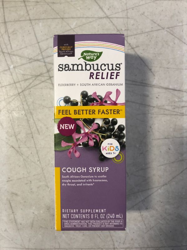 Photo 2 of Nature’s Way Sambucus Relief Kid’s Cough Syrup, Feel Better Faster, Clinically Proven South African Geranium, with Elderberry, Vitamin C & Zinc, 8 OZ
 exp 6/30/23