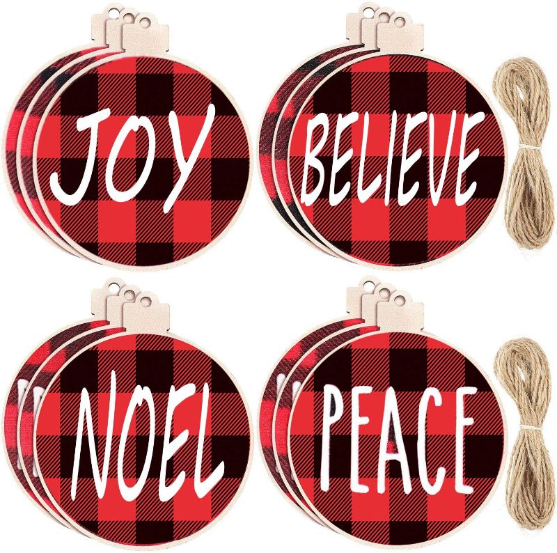 Photo 1 of 2 PACK Medoore 12 Pieces Buffalo Plaid Printed Wood Hanging Christmas Ornament Tree Decorations Christmas Wishes Tree Ornament, 4 Styles Joy, Peace, Believe, Noel