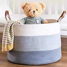 Photo 1 of CHLOÉ + KAI Woven Rope Storage Basket (20” x 13”) for Nursery, Laundry and Living Room. Pillows, Toys,Plant and Blanket Basket – Extra Large Coiled Cotton Basket with Leather Handle(White/Grey)