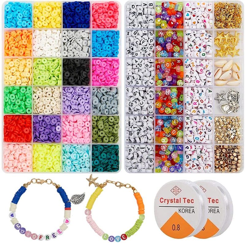 Photo 1 of 6000 Pcs Clay Heishi Beads for Bracelets, Flat Round Clay Spacer Beads with 900 Pcs Letter Beads, Pendants, Jump Rings, Clay Beads for DIY Jewelry Making Bracelets Necklace Earring Kit, 24 Colors 6mm