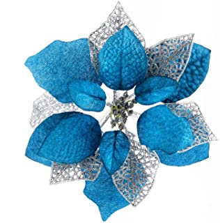 Photo 1 of 10 Pack Christmas Poinsettia Flowers Glitter Poinsettia Bushes Christmas Tree Flowers Christmas Poinsettia Ornament, Artificial Poinsettia Flowers Christmas Decorations-Royal Blue