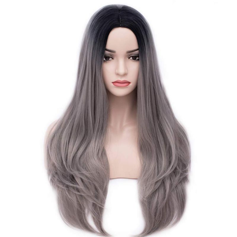 Photo 1 of BERON 27” Women’s Long Wavy Wig Dark Root Ombre Parted Synthetic Wig Daily Use Halloween Cosplay Costume Party Wig (Black to Mix Grey)