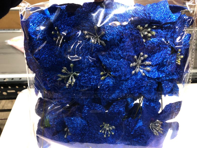 Photo 2 of 3 in WINLYN 24 PCS CHRISTMAS BLUE METALLIC GLITTER ARTIFICAL POINSETTIA