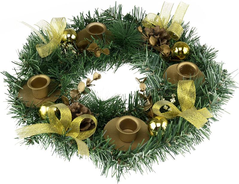 Photo 1 of Clever Creations Christmas 11 Inch Advent Wreath Centerpiece Home Decoration, Traditional Advent Calendar Season Candle Holder, Yellow