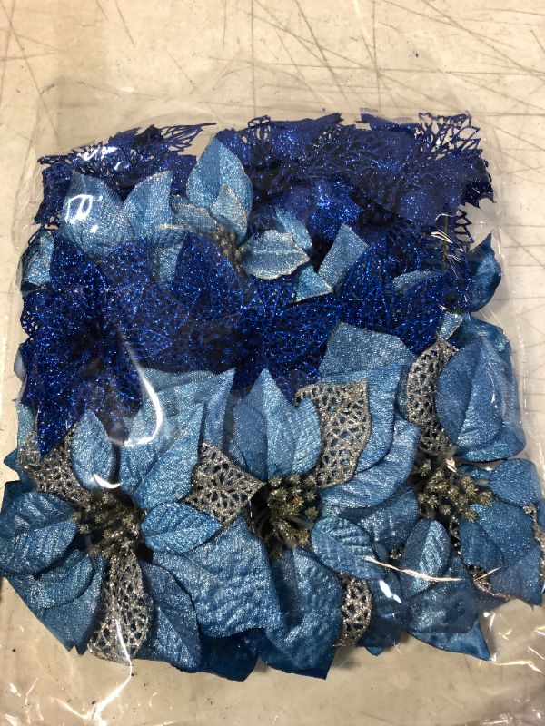 Photo 2 of 24 Pcs 4 Styles Christmas Blue Metallic Mesh Glitter Artificial Poinsettia Flower Stems Tree Ornaments in Box for Blue Christmas Tree Wreaths Garland Floral Gift Winter Wedding Holiday Decoration

