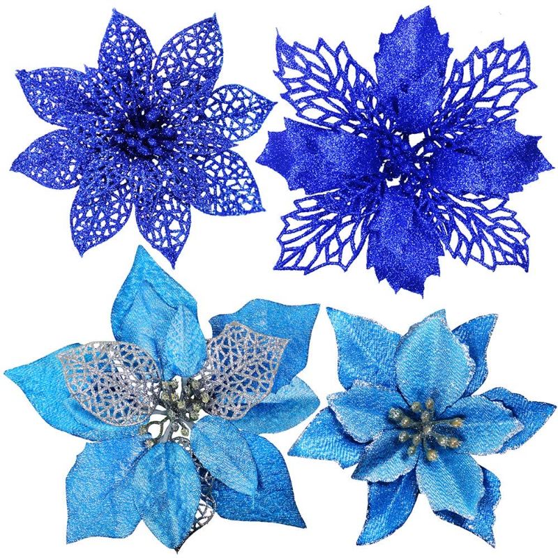 Photo 1 of 24 Pcs 4 Styles Christmas Blue Metallic Mesh Glitter Artificial Poinsettia Flower Stems Tree Ornaments in Box for Blue Christmas Tree Wreaths Garland Floral Gift Winter Wedding Holiday Decoration
