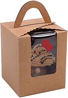 Photo 1 of 50pcs Kraft Cupcake Boxes,Portable Single Cupcake Carrier with Window Insert and Handle Kraft Pastry Containers Muffins Cupcake Carriers for Bakery Wrapping Party Favor Packing