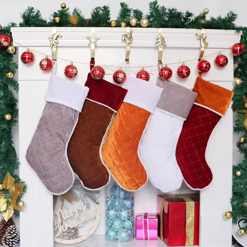 Photo 1 of Christmas Stockings 5 Pack, Large Luxury Velvet Family Christmas Stockings for Farmhouse Décor, Classic Traditional Xmas Stocking for Decoration ornaments Tree/ Fireplace/Mantel Red Gray White Gold