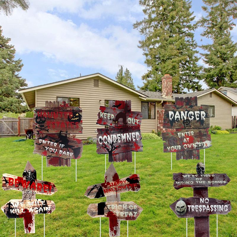 Photo 1 of Xgood 6 Patterns Halloween Yard Signs Stakes Photo Props Halloween Outdoor Garden Decorations Haunted House Decors Scary Halloween Warning Yard Sign Stakes 2 pack 