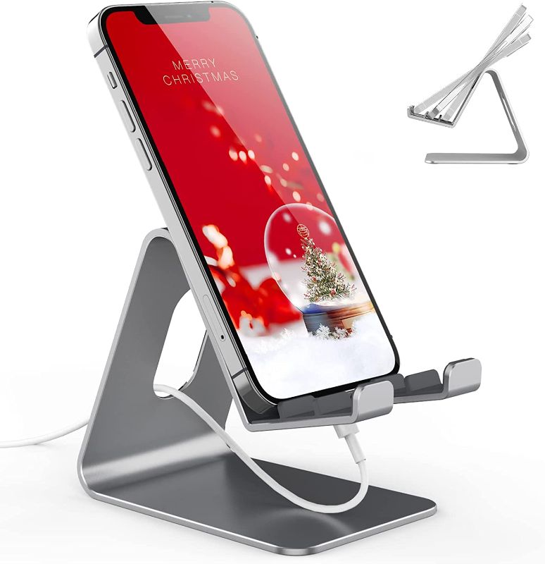 Photo 1 of APPHOME Adjustable Cell Phone Stand, Desk Cell Phone Holder, Aluminum Phone Stand for Desk with Anti-Slip Base and Charging Port, iPhone Dock Compatible with More 4-11'' Cellphone and Tablets(Grey)
