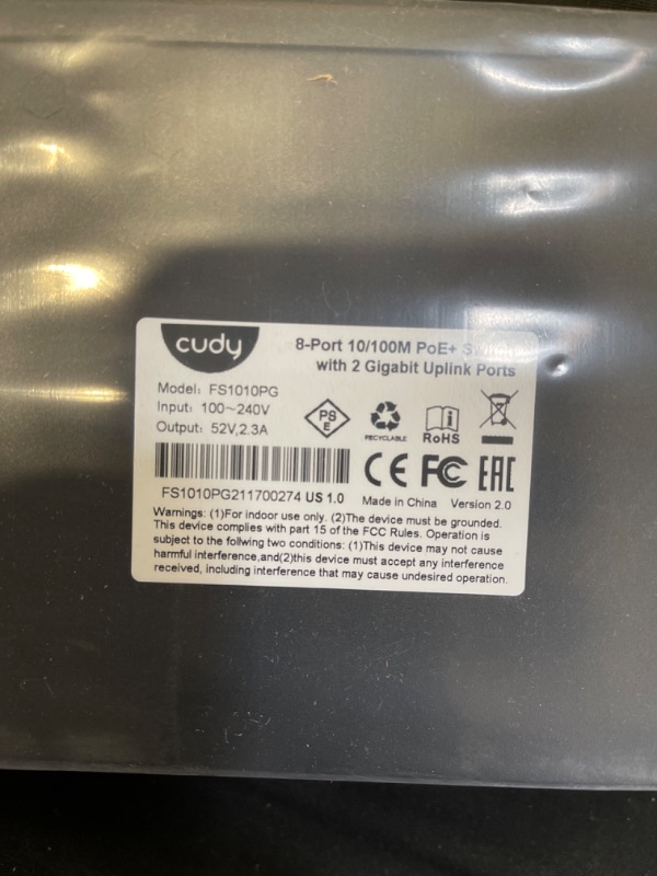 Photo 3 of Cudy 8 Port PoE+ Switch with 2 Gigabit Uplink Ports 120W, 8 10/100Mbps PoE+@120W, Extend/VLAN Mode, 802.3af/at Standard, Fanless, Watchdog, Plug and Play FS1010PG
