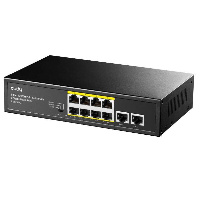 Photo 1 of Cudy 8 Port PoE+ Switch with 2 Gigabit Uplink Ports 120W, 8 10/100Mbps PoE+@120W, Extend/VLAN Mode, 802.3af/at Standard, Fanless, Watchdog, Plug and Play FS1010PG
