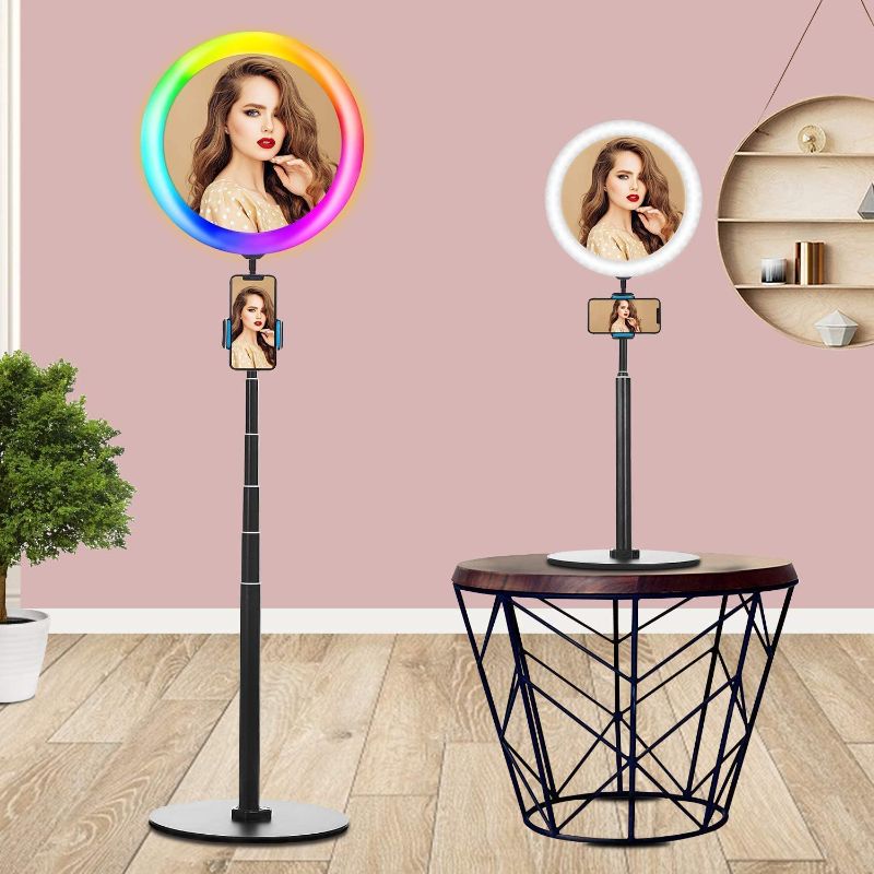 Photo 1 of 10.2" Ring Light,Floor Telescopic 27"-75" Height/RGB 9 Color Options/2 Flash Modes/with Makeup Mirror & Cell Phone Holder,for YouTube Video,Live Stream Stage Party,Selfie Ring Floor Lamp
