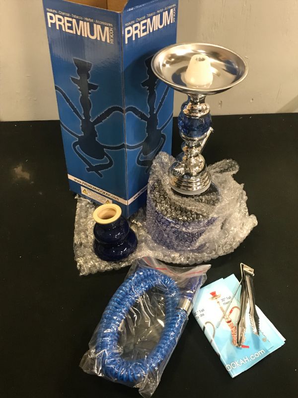 Photo 2 of 13 Inches Ripple Complete Hookah Set, Modern 1 Hose Hookah Kit with Hookah Accessories - Blue Hookah Set
