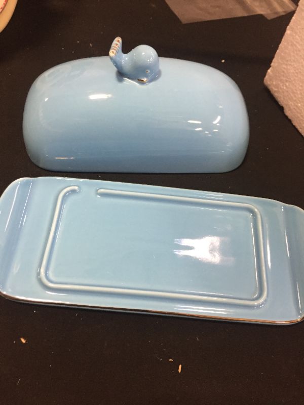 Photo 1 of BFU Porcelain Butter Dish, Large Butter Dish with Whale Top Cover, Ceramic Butter Dishes with Handle, Measuring Line,Perfect for East/West Coast Butter, Sky Blue
