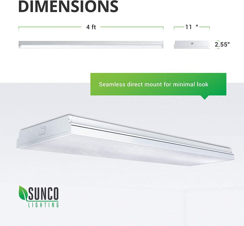 Photo 1 of Sunco Lighting LED Shop Light 4FT Garage Lights Ceiling Wraparound Linkable, 8500 LM, 5000K Daylight, 11" Wide, Integrated LED, Prismatic Lens, Hard Wired, Flush Mount, ETL Energy Star
