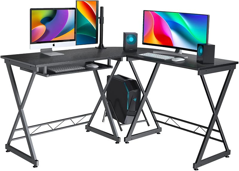 Photo 1 of AZMKOO L Shaped Computer Desk for Home Office, 59.1'' Reversible Computer Office Gaming Corner Desk Table with Keyboard Tray, Space-Saving, Easy to Assemble, Black
