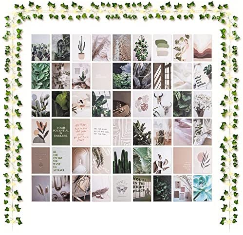 Photo 1 of Complete Boho Cottagecore Collage Kit Bundle - 60 Pictures for Wall Esthetic, 21 ft Decorative Ivy Leaves, 240 Adhesive Dots, 33 ft LED String Lights with Remote. from Kyst.Collective