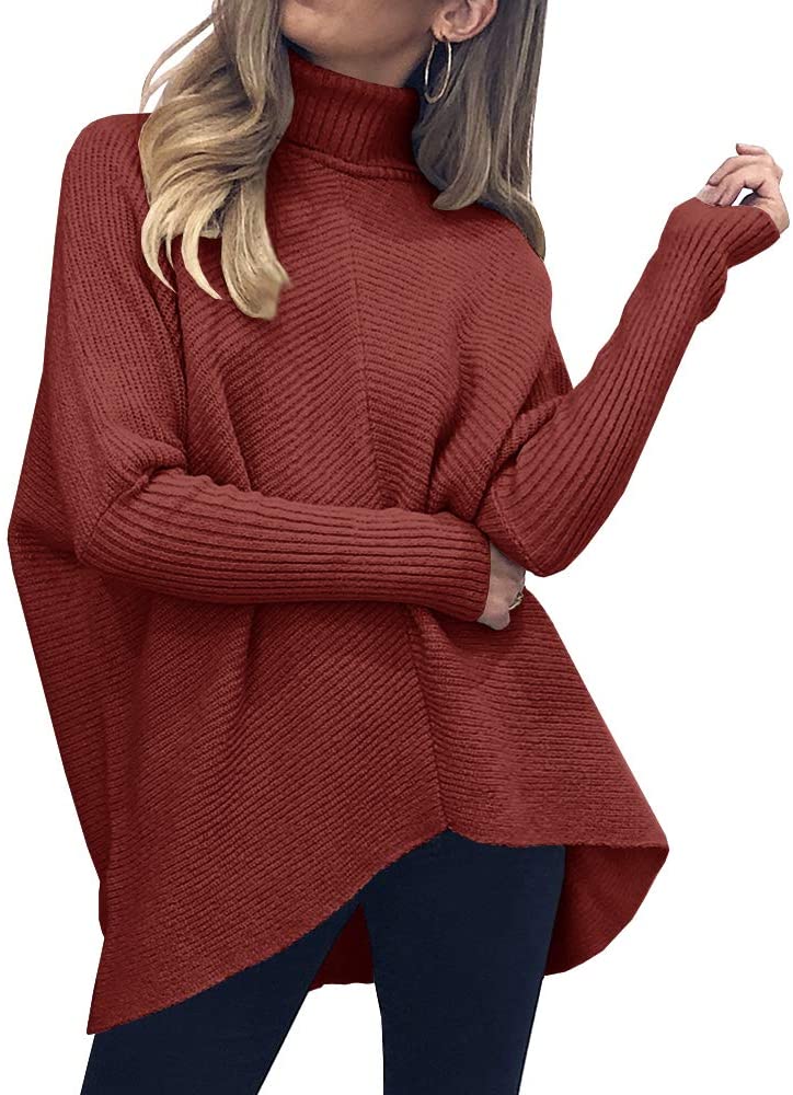 Photo 1 of Tutorutor Womens Turtleneck Ribbed Knit Pullover Sweaters Batwing Long Sleeve Asymmetric Hem Casual Fall Jumper Top---LARGE---