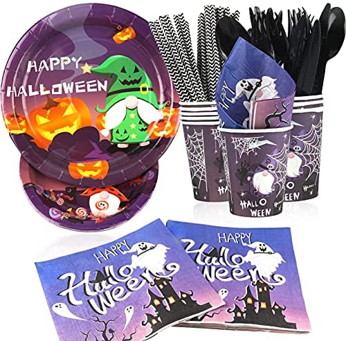 Photo 1 of 93pcs Halloween Party Supplies Tableware Set, Including Plates,Cups, Napkins, Straws, Forks, Spoons, Dinner Plates for Halloween Birthday Decorations Kids Pumpkin Plates Halloween dinnerware set