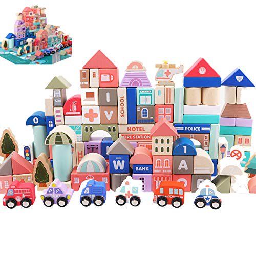 Photo 1 of 115 PCS City Building Blocks for Toddlers Wooden Toys DIY Construction Toys Play Mat Puzzle 3 Years
