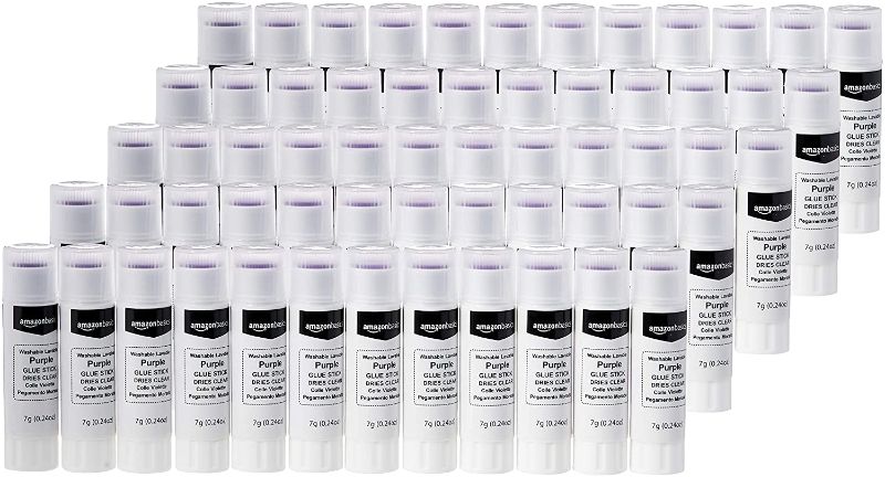 Photo 1 of Amazon Basics Purple Washable School Glue Sticks, Dries Clear, 0.24-oz Stick,60-Pack
