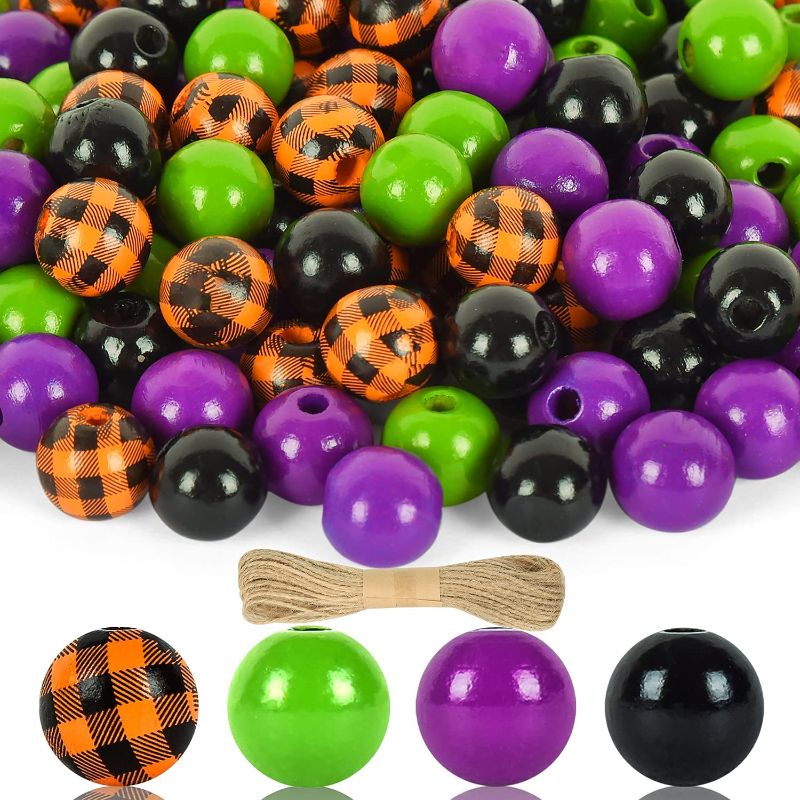 Photo 1 of 160 Pcs Halloween Wooden Beads for Crafts Buffalo Plaid Wood Beads Colorful Polished Wooden Craft Beads with Hemp Rope for DIY Craft Halloween Party Decoration (Black Green Purple Orange)
