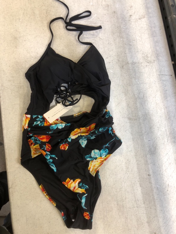 Photo 1 of Cupshe Black Floral Print Halter One Piece Swimsuit. Medium
