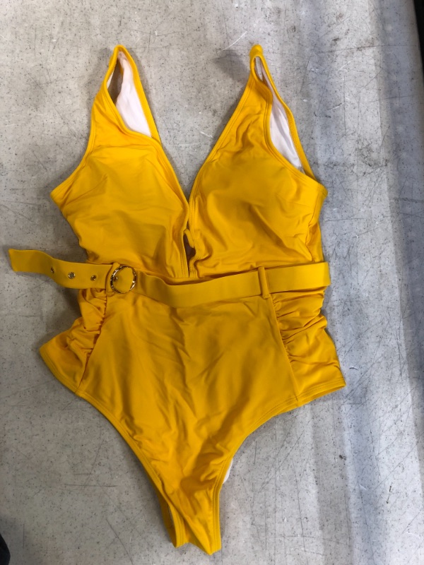 Photo 2 of CUPSHE Amanda Yellow Plunge Neck Belted One Piece Swimsuit. Large
