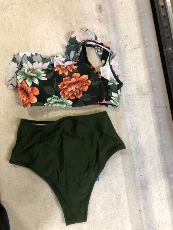 Photo 1 of Cupshe Dark Green Floral One Shoulder Ruffle High Waisted Bikini. Medium
