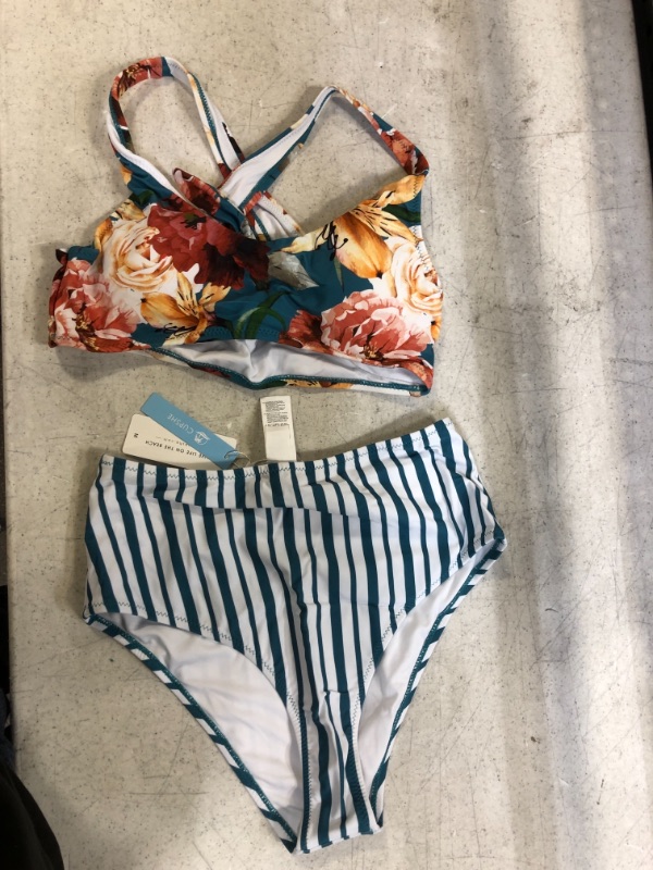 Photo 2 of Cupshe Floral And Stripe Knotted High Waisted Bikini. Medium
