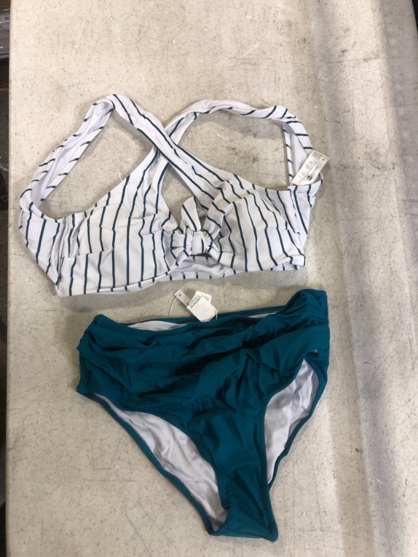 Photo 2 of Cupshe Teal Solid And Striped High Waisted Bikini. Medium
