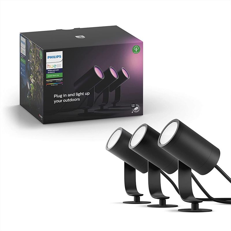 Photo 1 of Philips Hue Lily White & Color Outdoor Spot Light Base kit (Hue Hub Required), 3 Spot Lights with Power Supply + Mount, Compatible with Alexa, HomeKit & Google Assistant , Black (New)
