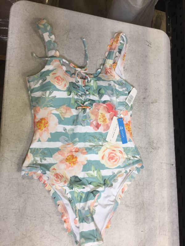 Photo 2 of Floral And Striped Scalloped One Piece Swimsuit size L