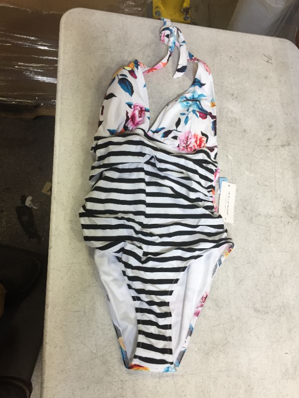 Photo 2 of Bold Floral And Stripe Halter One Piece Swimsuit L