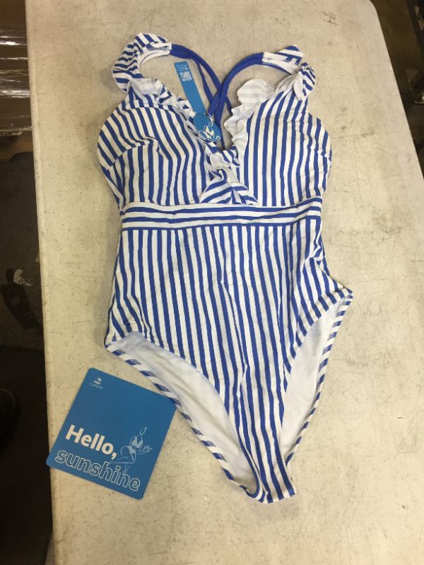 Photo 2 of Blue And White Stripe Ruffle One Piece Swimsuit M