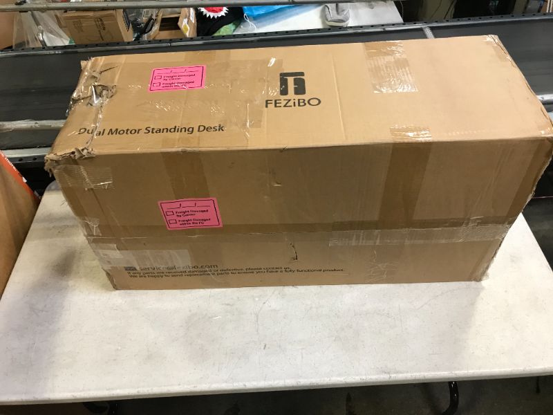 Photo 4 of FEZIBO 55-Inch Dual Motor Height Adjustable Electric Standing Desk with Keyboard Tray, Sit Stand Table with Splice Board, Black Frame/Rustic Brown and Black Top (brand new in box) box was damaged during transport. 