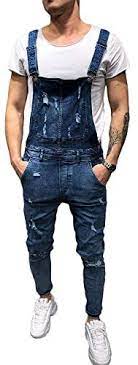 Photo 1 of FULA-bao Men's Distressed Denim Bib Overalls Jumpsuit Ankle Length Ripped Skinny Jeans Coveralls with Pocket

